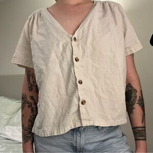 Beige Button-Up Short Sleeve Blouse